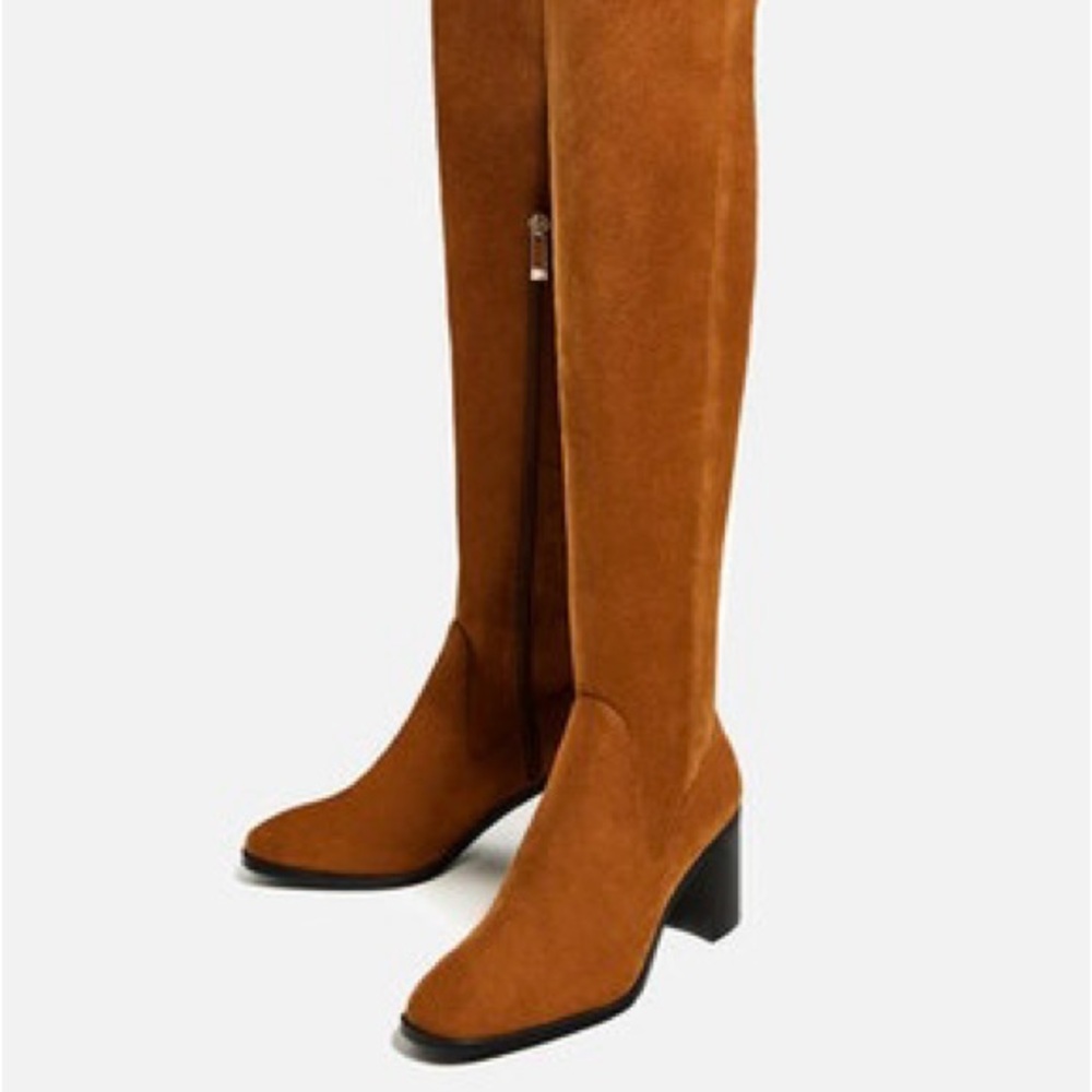 Brown Zara stretch high heel over-the-knee Bennett Davina boots.